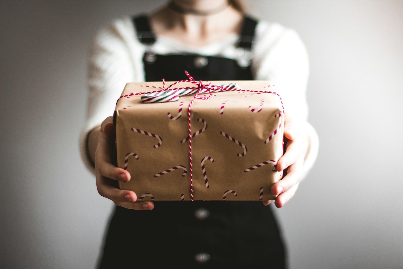 A carefully wrapped kraft-paper gift held at chest level